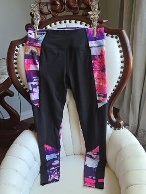 Betsey Johnson Black Leggings with Pink & Purple Floral Panels